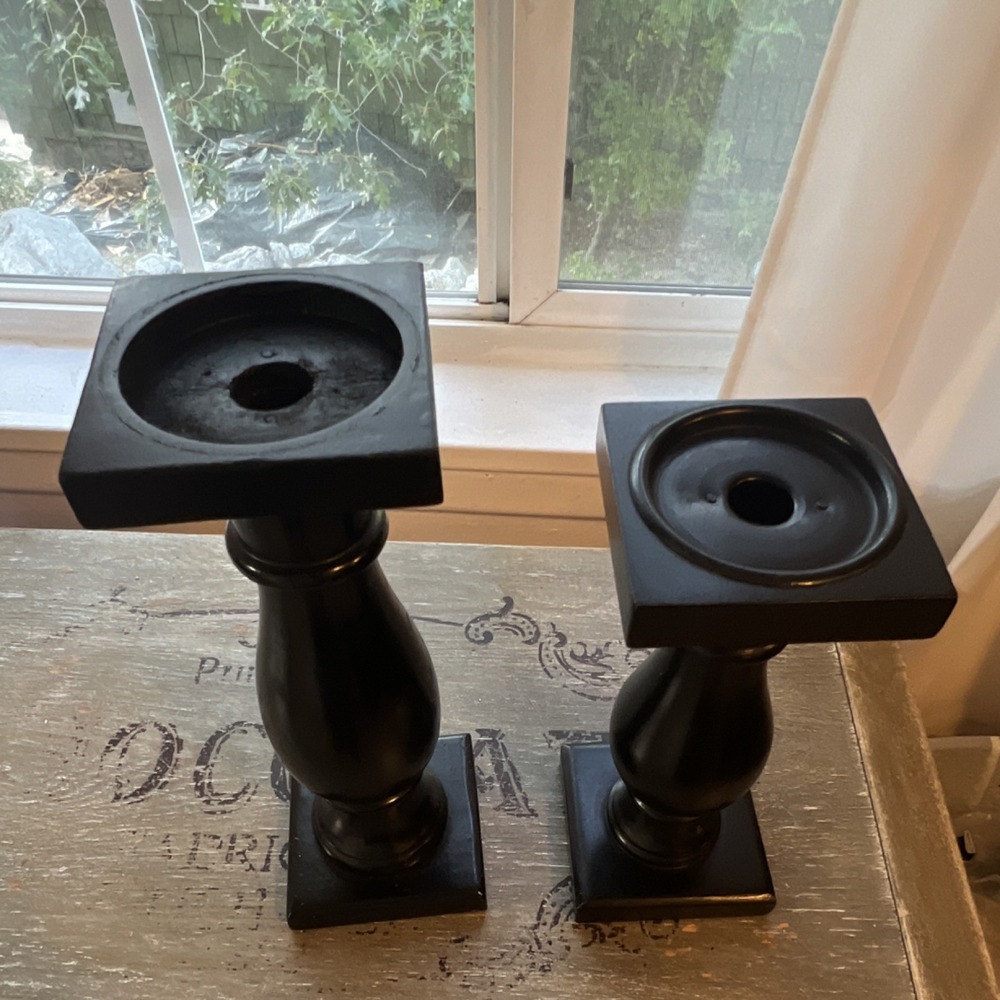 Set of 2 Black Painted Wood Square Pedestal Candlesticks 12" & 8" - Picture 2 of 4